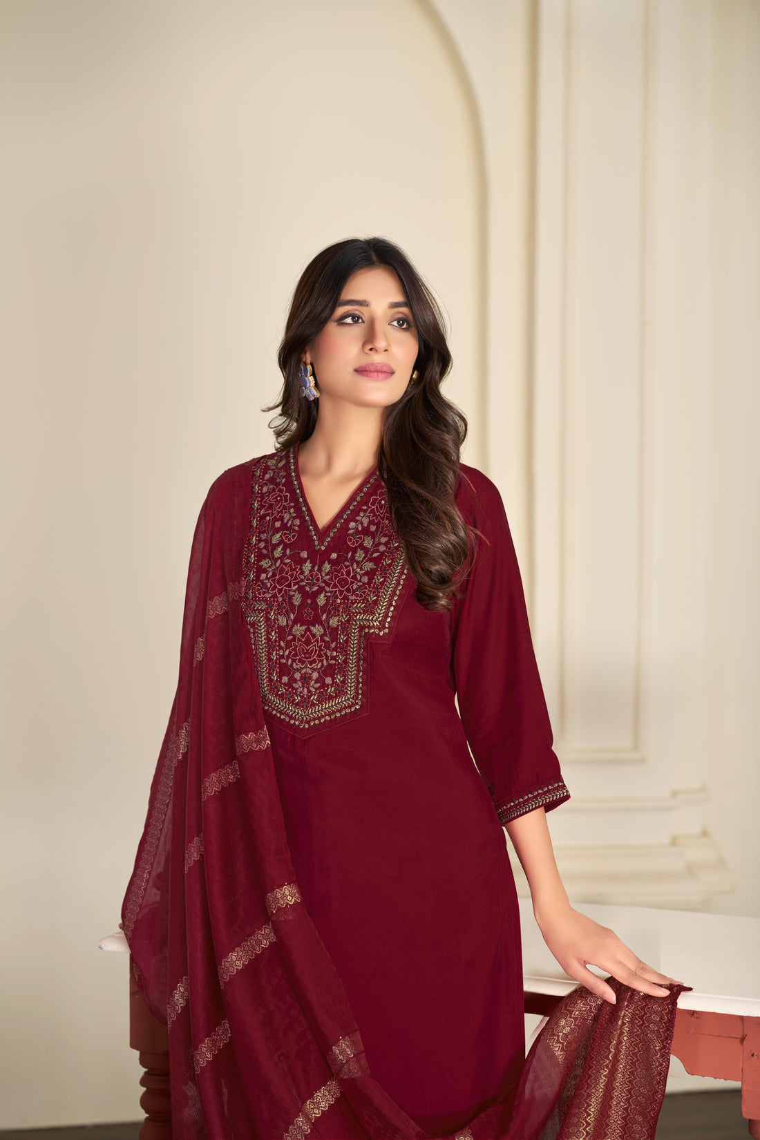 Ruhani Maroon & Gold Floral Zari Mirror Work Embroidered Yoke Kurta Set with Dupatta in Chanderi Silk with Cotton Mul Lining
