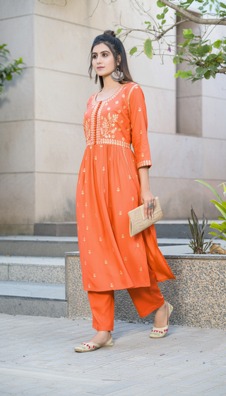 Meenaxi Rust Viscose Kurta Set with Mughal-Inspired Embroidery Work