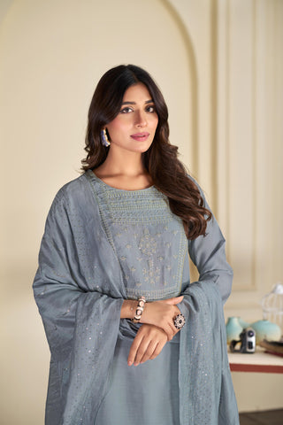 Aadvi Grey Handcrafted Sequin & Thread Embroidered Yoke Design Salwar Suit with Sequin Dupatta in Chanderi Silk with Cotton Mul Lining