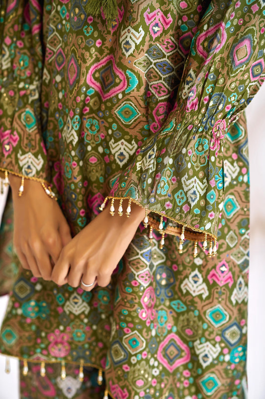 Pratiksha Olive Printed Modal Chanderi Co-Ord Set with Hand Embellished Mirror Placket and Pearl Drop Latkan Detailing
