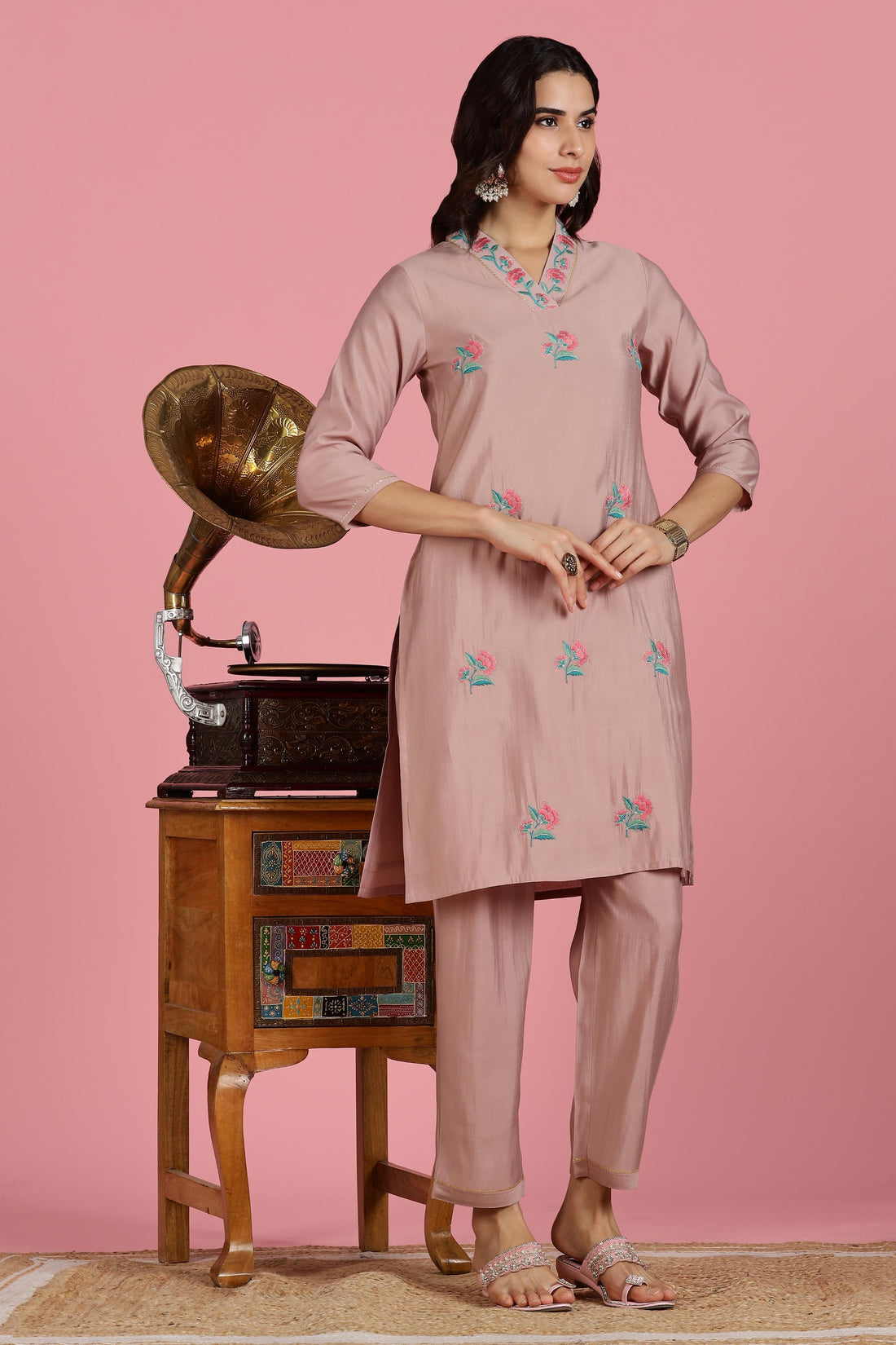The Suitable Blush Pink Chanderi Silk Kurta Set for Women | Floral Kurta with Zari & Sequin Hand Embellished Neckline | Cotton Mul Lining | Straight Kurta Pant with Dupatta | Festive Ethnic Suit Set