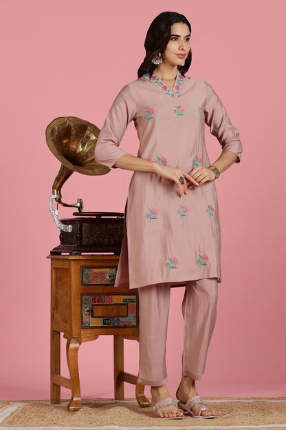 The Suitable Blush Pink Chanderi Silk Kurta Set for Women | Floral Kurta with Zari & Sequin Hand Embellished Neckline | Cotton Mul Lining | Straight Kurta Pant with Dupatta | Festive Ethnic Suit Set