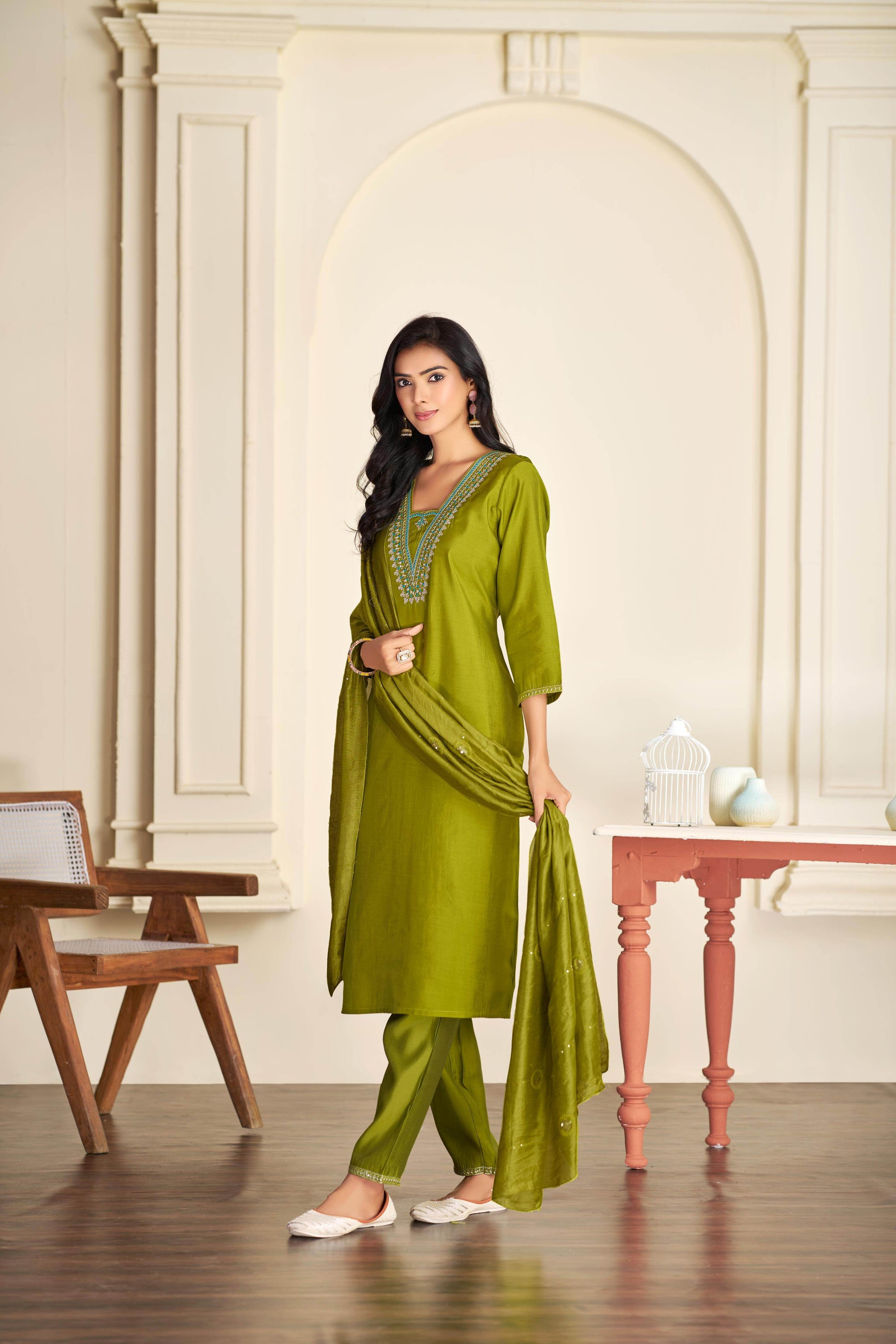 Tapasya Silk Green Kurta Set with Dupatta - BulBul