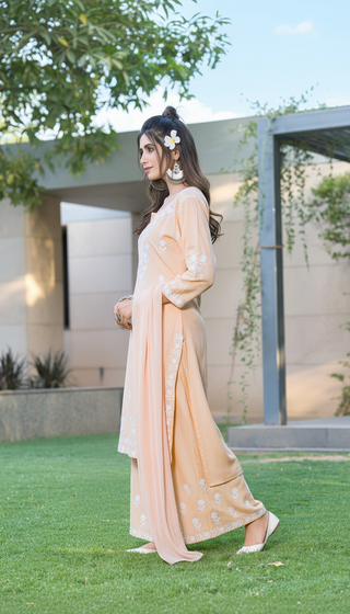 Meher Peach Rayon Kurta Set with Chikankari White Floral Embroidery and Dupatta