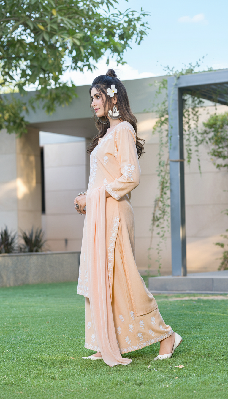 Meher Peach Rayon Kurta Set with Chikankari White Floral Embroidery and Dupatta