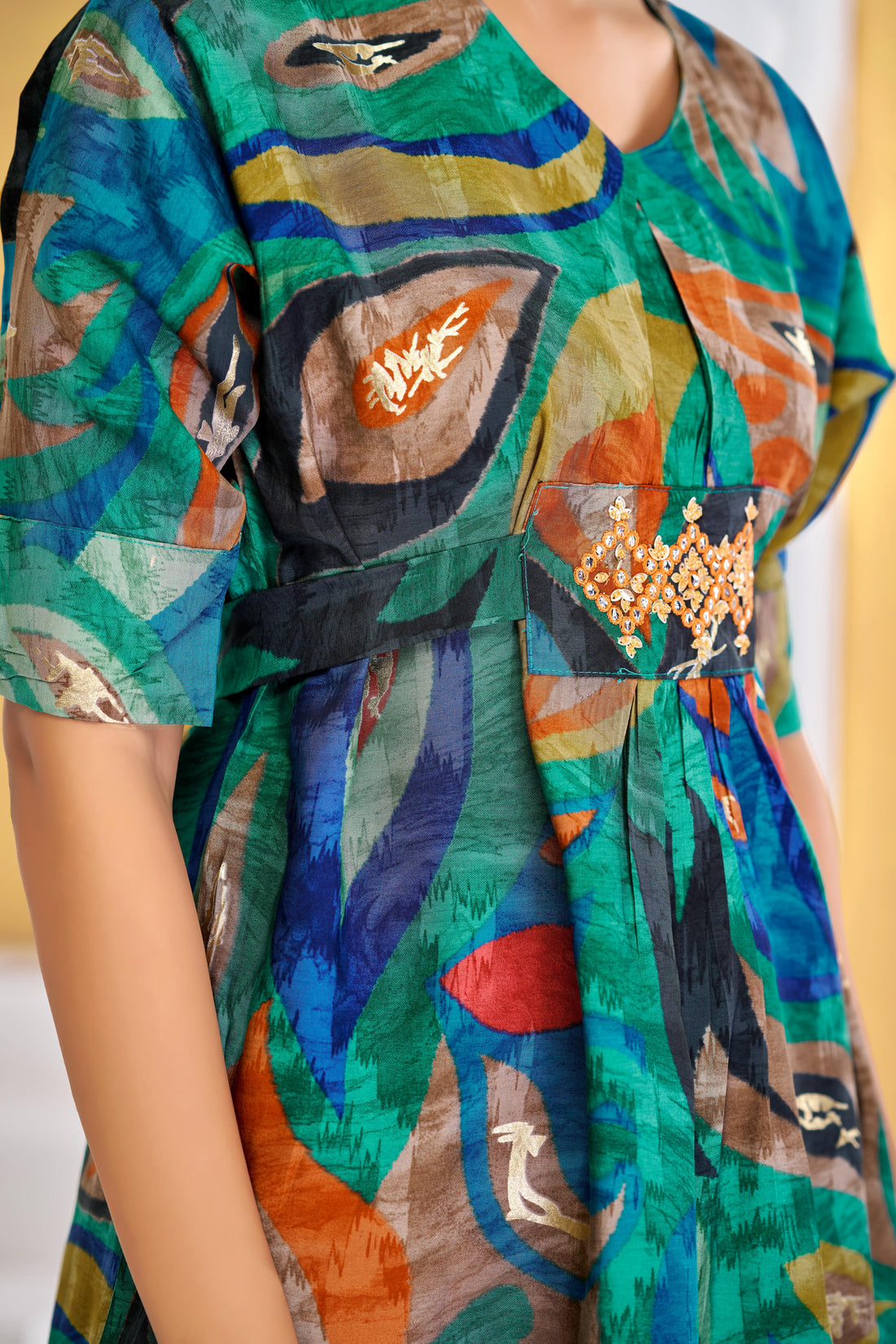 Kalki Green Modal Chanderi Co-Ord Set with Hand Embellished Mirror and Bugle Bead Detailing