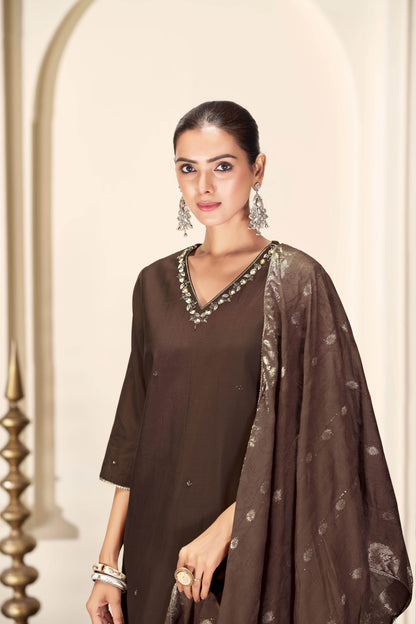 Nirjari Brown Silk Kurta Set with Dupatta - BulBul