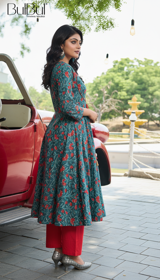 Anupama Blue Floral Printed Pure Cotton Kurta Set with Thread Embroidery and Handcrafted Sequin Work with Dupatta