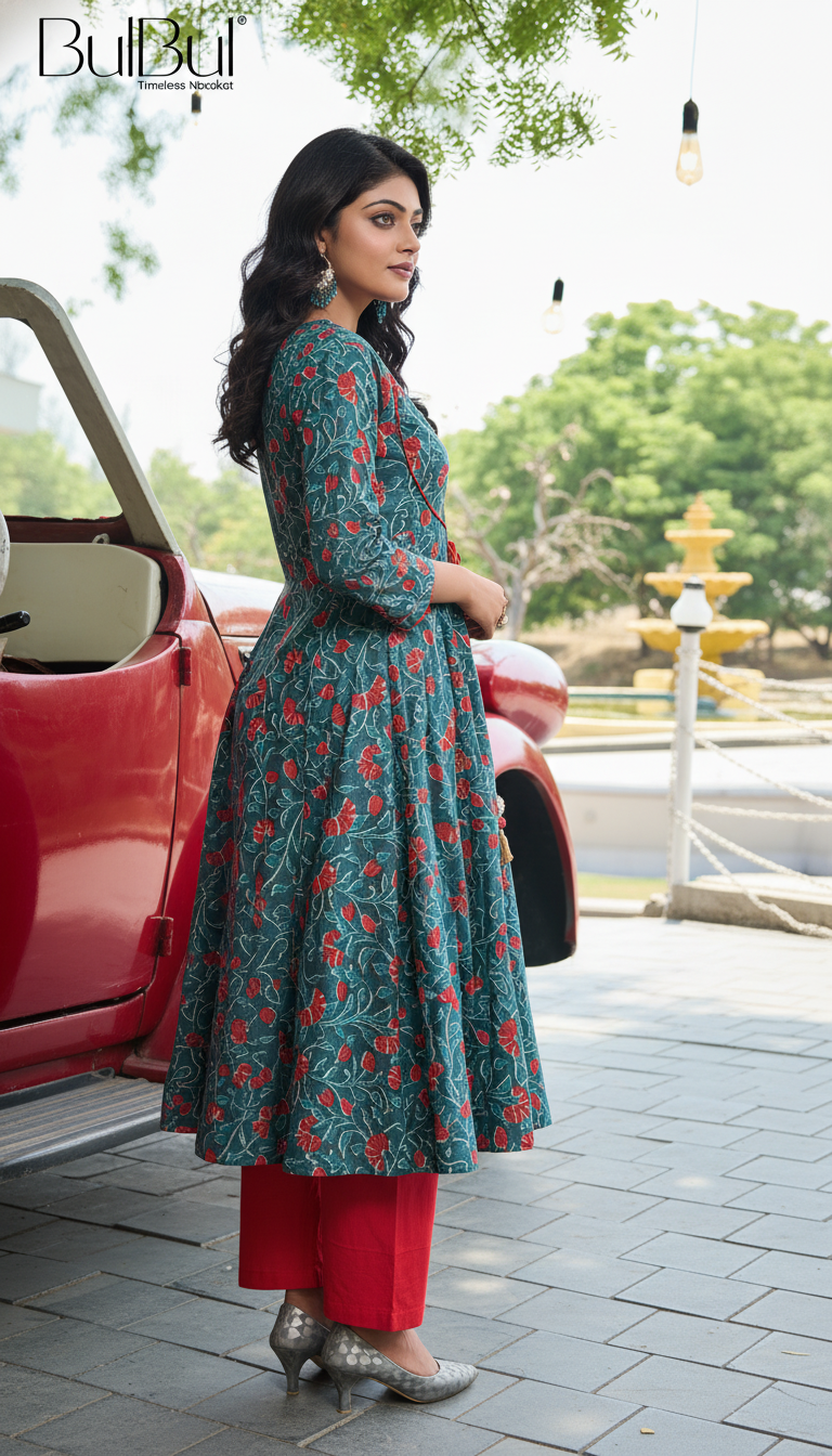 Anupama Blue Floral Printed Pure Cotton Kurta Set with Thread Embroidery and Handcrafted Sequin Work with Dupatta