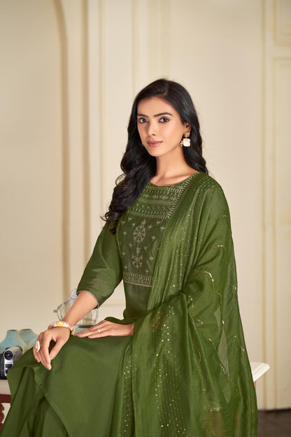 Aadvi Green Handcrafted Sequin & Thread Embroidered Yoke Design Salwar Suit with Sequin Dupatta in Chanderi Silk with Cotton Mul Lining