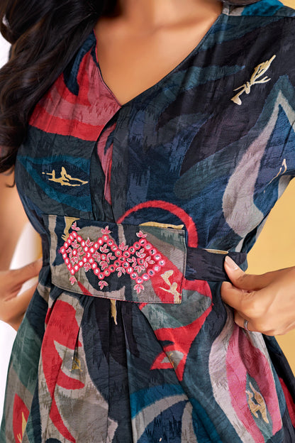 Kalki Blue Modal Chanderi Co-Ord Set with Hand Embellished Mirror and Bugle Bead Detailing
