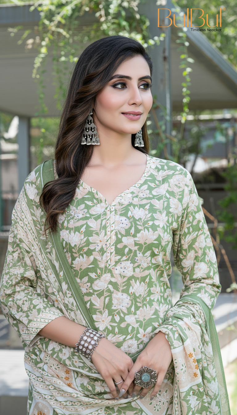 Pure Cotton Green Printed Kurta Set with Floral Sequin Highlights & Dupatta