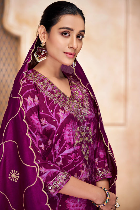 Rashmi Pink Hand Sequins and Bead Embellished Neckline and Zari Work Suit Set in Chanderi Silk with Pure Cotton Mul Lining