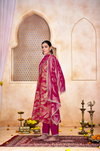 Rashmi Fuchsia Hand Zari and Sequins Embellished Work Suit Set in Chanderi Silk with Pure Cotton Mul Lining