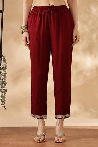 Areba Wine & Teal Printed Salwar Suit with Intricate Zari Lattice Hand Embroidery Neck Panel in Viscose