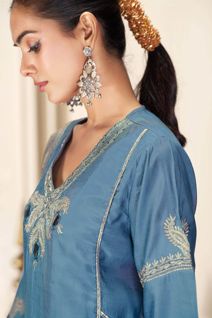 Shruti Iceblue Silk Kurta Set with Dupatta - BulBul