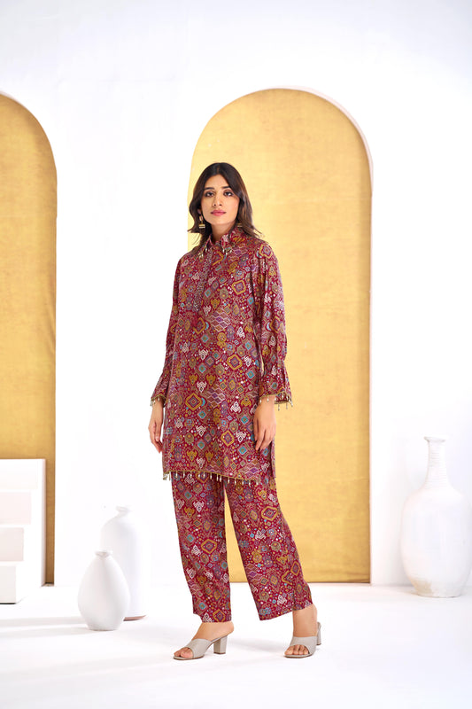 Pratiksha Red Printed Modal Chanderi Co-Ord Set with Hand Embellished Mirror Placket and Pearl Drop Latkan Detailing