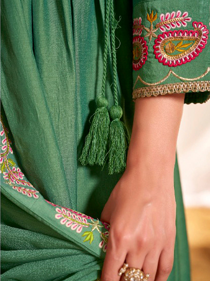 BulBul Women Green Embroidered Premium Silk Angrakha Pattern Flare Suit With Dupatta