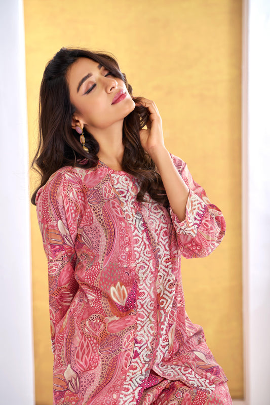 Modal Chanderi Saumya Rust Printed Co-Ord Set with Hand Beaded Placket and Sleeve Detailing