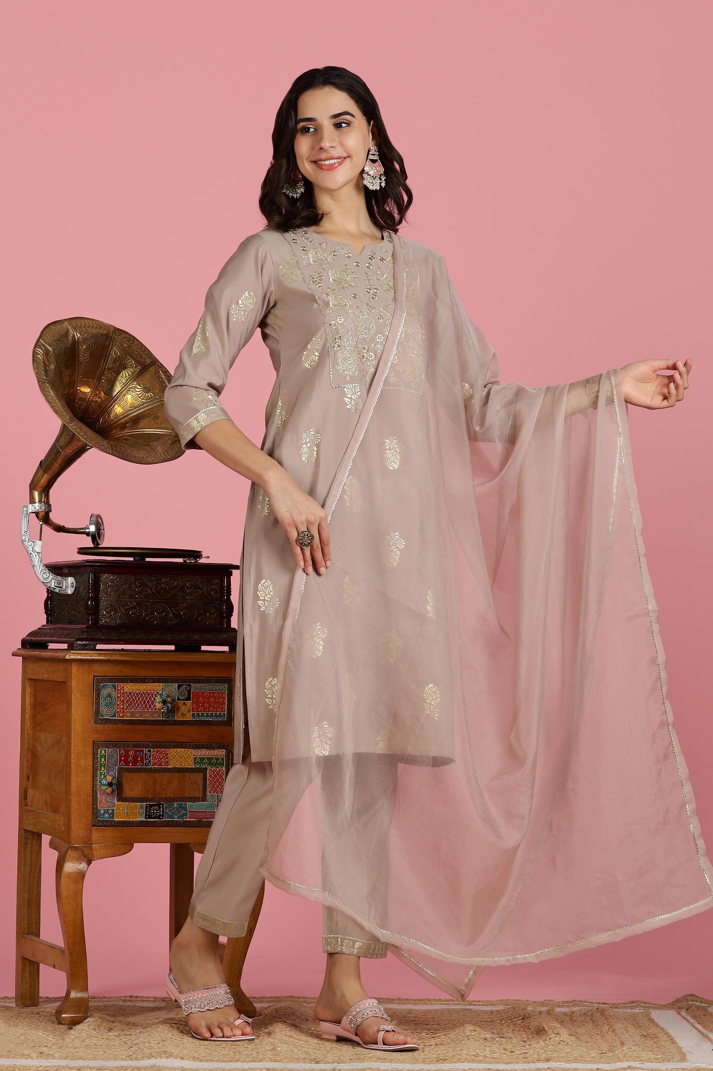 Women Mocha Mousse Embroidered Kurta Set with Dupatta