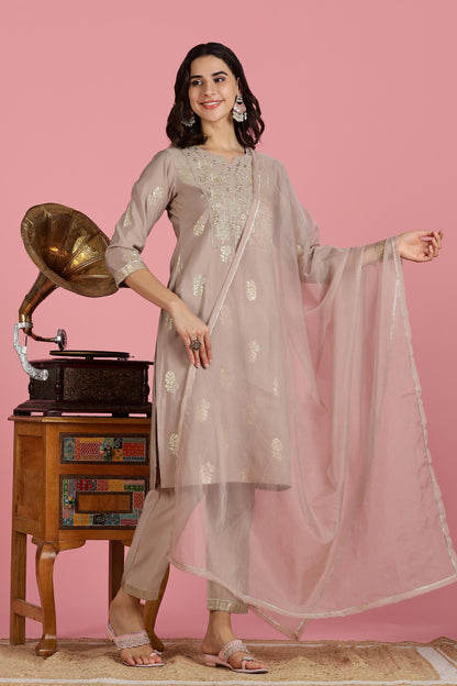 Mocha Mousse Chanderi Silk Kurta Set with Zari Resham Embroidered Yoke and Gold Foil Floral Print with Dupatta