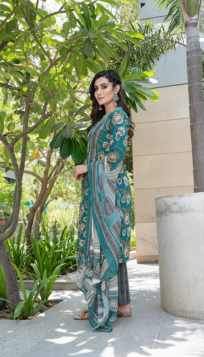 Pure Cotton Fashionista Green Floral Printed Kurta Set with Thread & Sequin Embellished V-Neckline and Dupatta