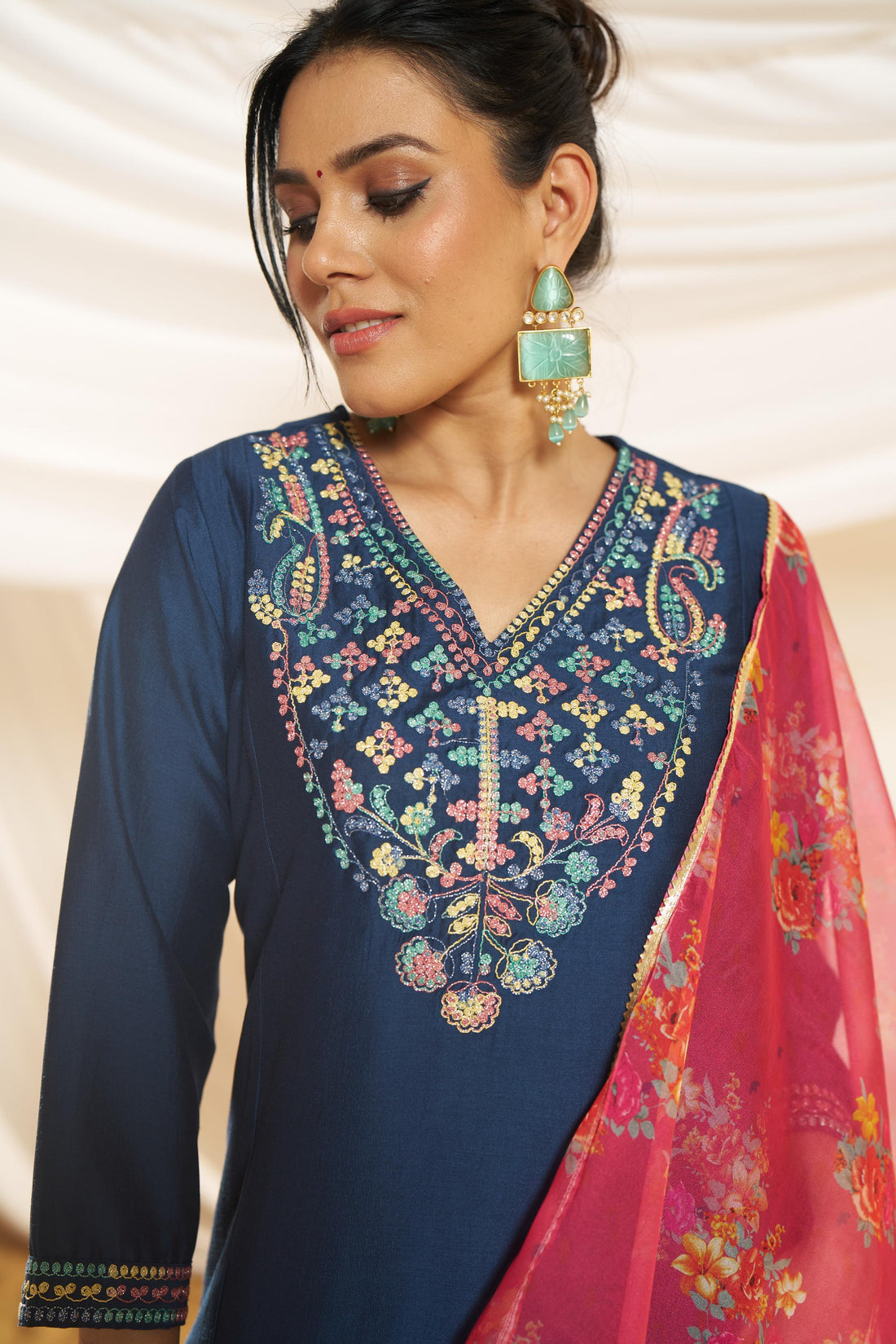 Kayra Navy Multicolor Hand Embroidered Straight Fit Suit Set in Chinnon Silk with Pure Cotton Mul Lining