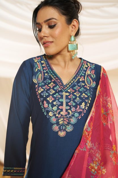 Kayra Navy Multicolor Hand Embroidered Straight Fit Suit Set in Chinnon Silk with Pure Cotton Mul Lining