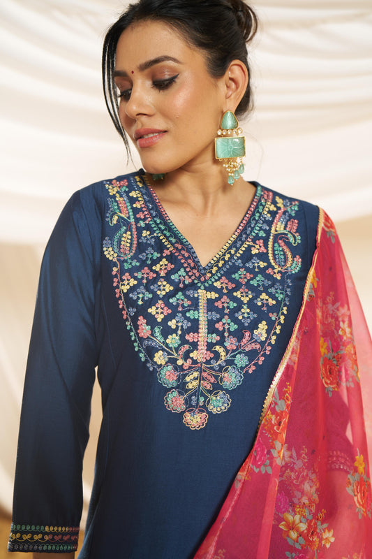Kayra Navy Multicolor Hand Embroidered Straight Fit Suit Set in Chinnon Silk with Pure Cotton Mul Lining