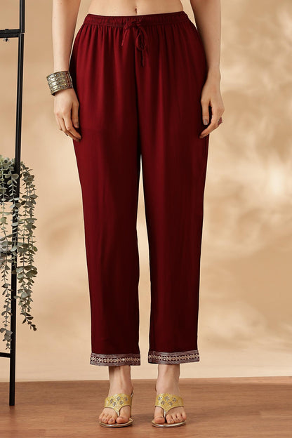 Roli Floral Printed Red Salwar Suit with Handcrafted Zari & Mirror Embroidered Neckline in Viscose