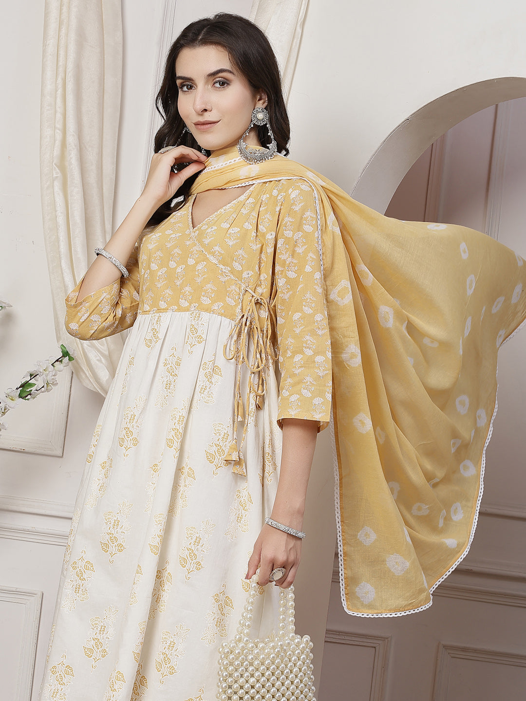 Nisha Off White Floral Printed Pure Cotton Angrakha Kurta Set with Cotton Mul Lining and Subtle Glass Bugle Handwork with Dupatta