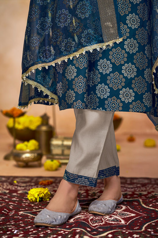 Rashmi Blue Ethnic Motif Print Hand Embellished, Sequins and Bugle Bead Work Suit Set in Chanderi Silk with Pure Cotton Mul Lining