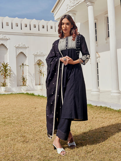 Abhilasha Pure Cotton Linen Black Kurta Set with Intricate Thread Embroidery and Mirror Accents, Embroidered Sleeves and Cotton Mul Lining