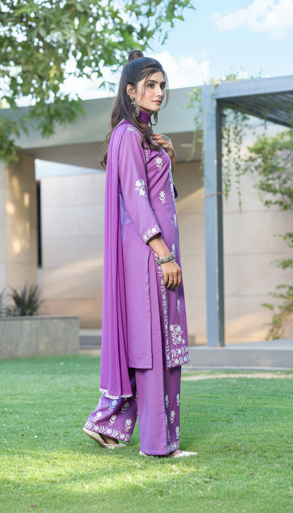 Meher Purple Rayon Kurta Set with Chikankari White Floral Embroidery and Dupatta