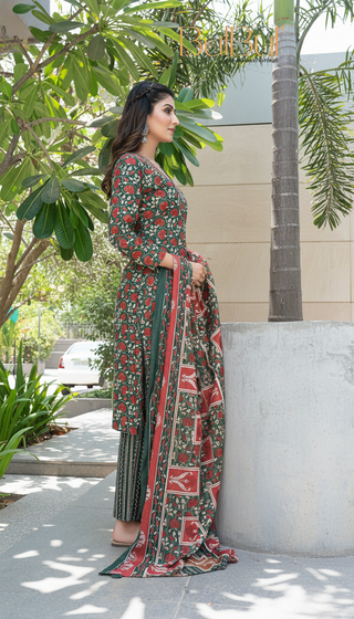 Pure Cotton Fashionista Green Floral Printed Kurta Set with Contrast Thread-Detailed V-Neck and Dupatta