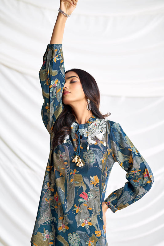 Nilisha Teal Chanderi Co-Ord Set - BulBul