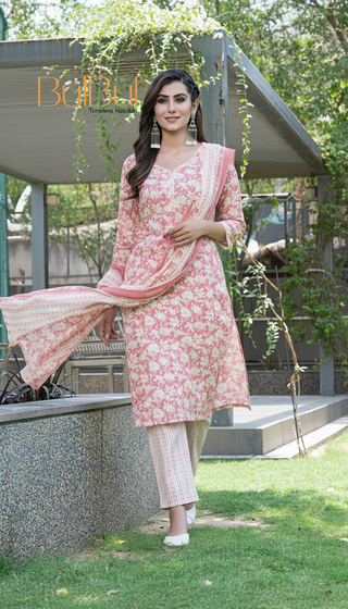 Pure Cotton Red Printed Kurta Set with Floral Sequin Highlights & Dupatta