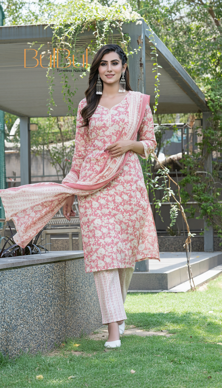 Pure Cotton Red Printed Kurta Set with Floral Sequin Highlights & Dupatta