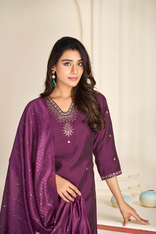 Nakshatra Purple Silk Kurta Set with Dupatta - BulBul