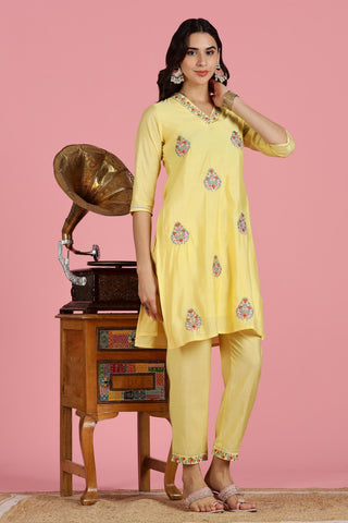 Yellow Chanderi Silk Kurta Set with Resham Floral Embroidery, Zari Highlights and Gota Patti Lace Detailing