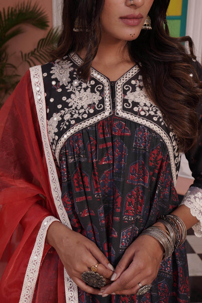 Bhumika Chanderi Red Kurta Set with Dupatta - BulBul