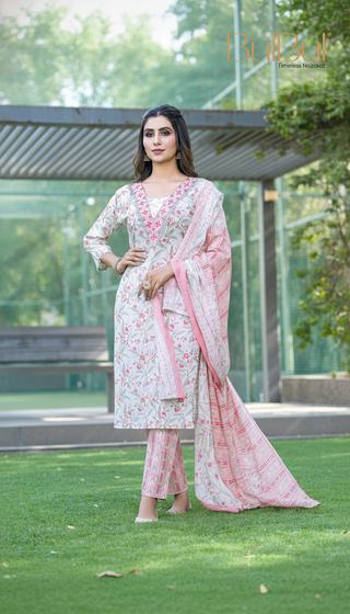Pure Cotton Fashionista Red Floral Printed Kurta Set with Mirror & Thread Embroidered Neckline