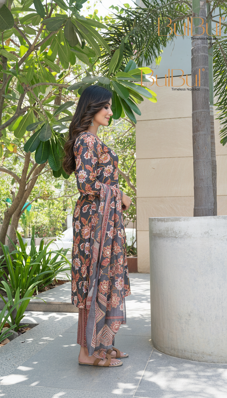 Pure Cotton Fashionista Black Floral Printed Kurta Set with Thread & Sequin Embellished V-Neckline and Dupatta