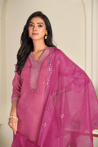 Ragini Pink Resham Thread & Sequin Embroidered Kurta Set with Sequin Dupatta in Chanderi Silk with Cotton Mul Lining