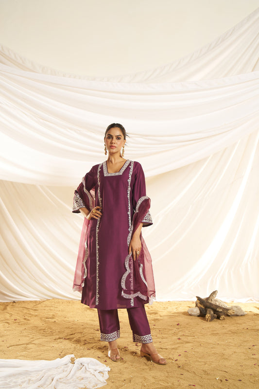 Kayra Wine Hand Aari Embroidered A-Line Suit Set in Chinnon Silk with Pure Cotton Mul Lining