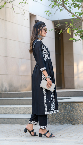 Arushi Black Pink Embroidered Viscose Kurta Set with Lucknowi Inspired Floral Jaal Work