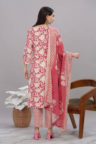 Pure Cotton Red Floral Printed Kurta Set with Thread Embroidered Neckline and Dupatta