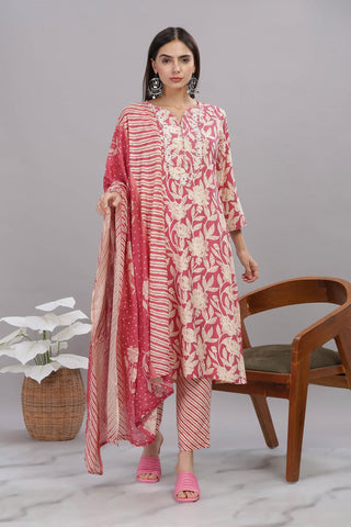 Pure Cotton Red Floral Printed Kurta Set with Thread Embroidered Neckline and Dupatta