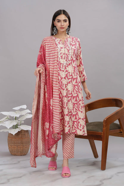 Pure Cotton Red Floral Printed Kurta Set with Thread Embroidered Neckline and Dupatta