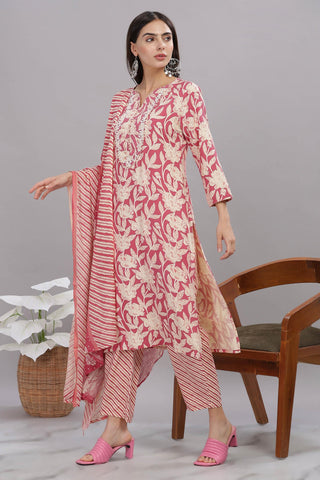 Pure Cotton Red Floral Printed Kurta Set with Thread Embroidered Neckline and Dupatta